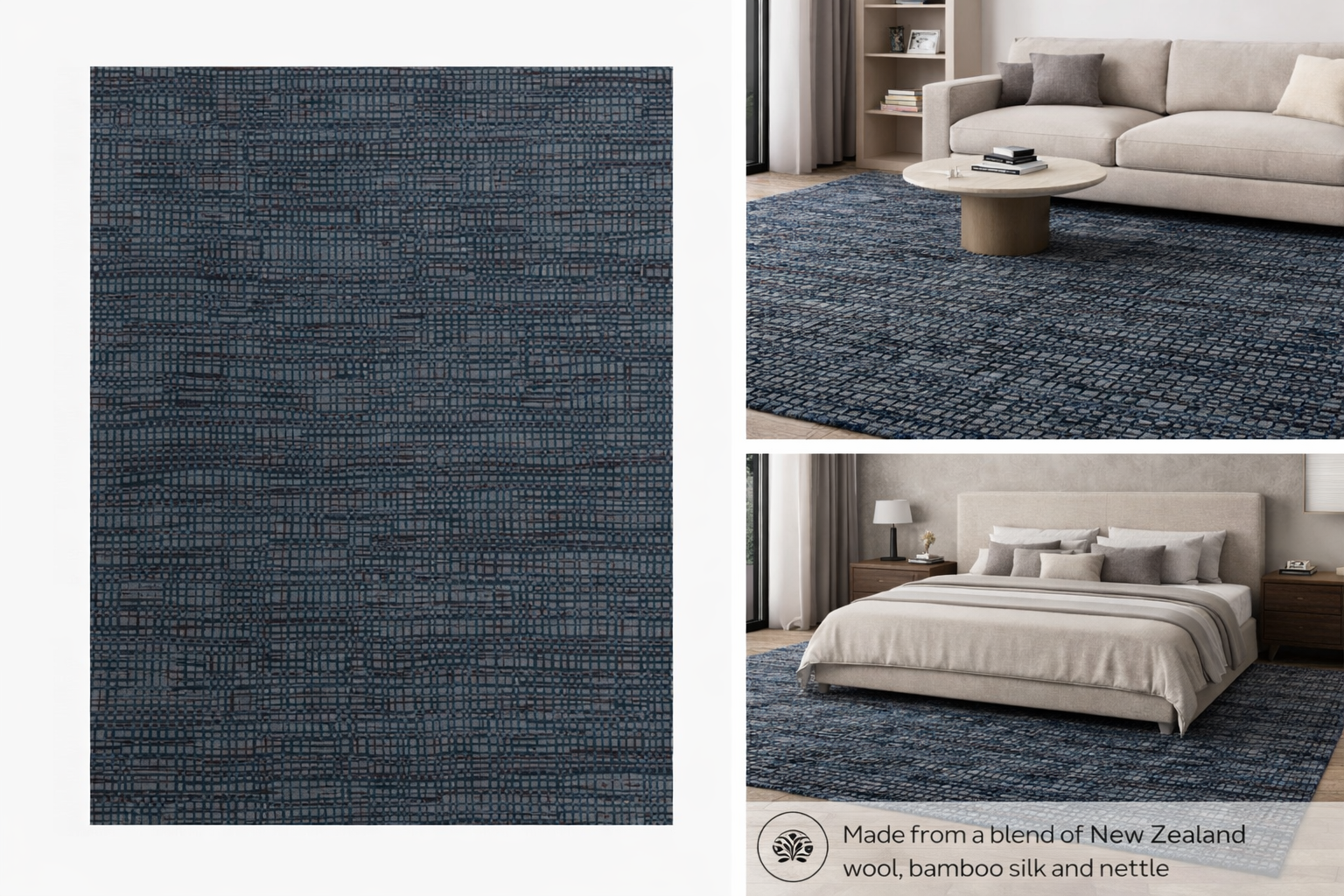 HM=15=1 HM-15 Handcrafted Wool, Bamboo Silk & Nettle Carpet – Modern Grid Texture (8x10 ft) - Image 1