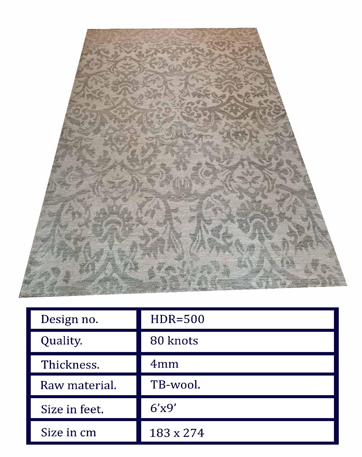 HDR-500 HDR-500 Handcrafted Wool Carpet – Elegant Vintage Damask Pattern Design (6x9 ft) - Image 1