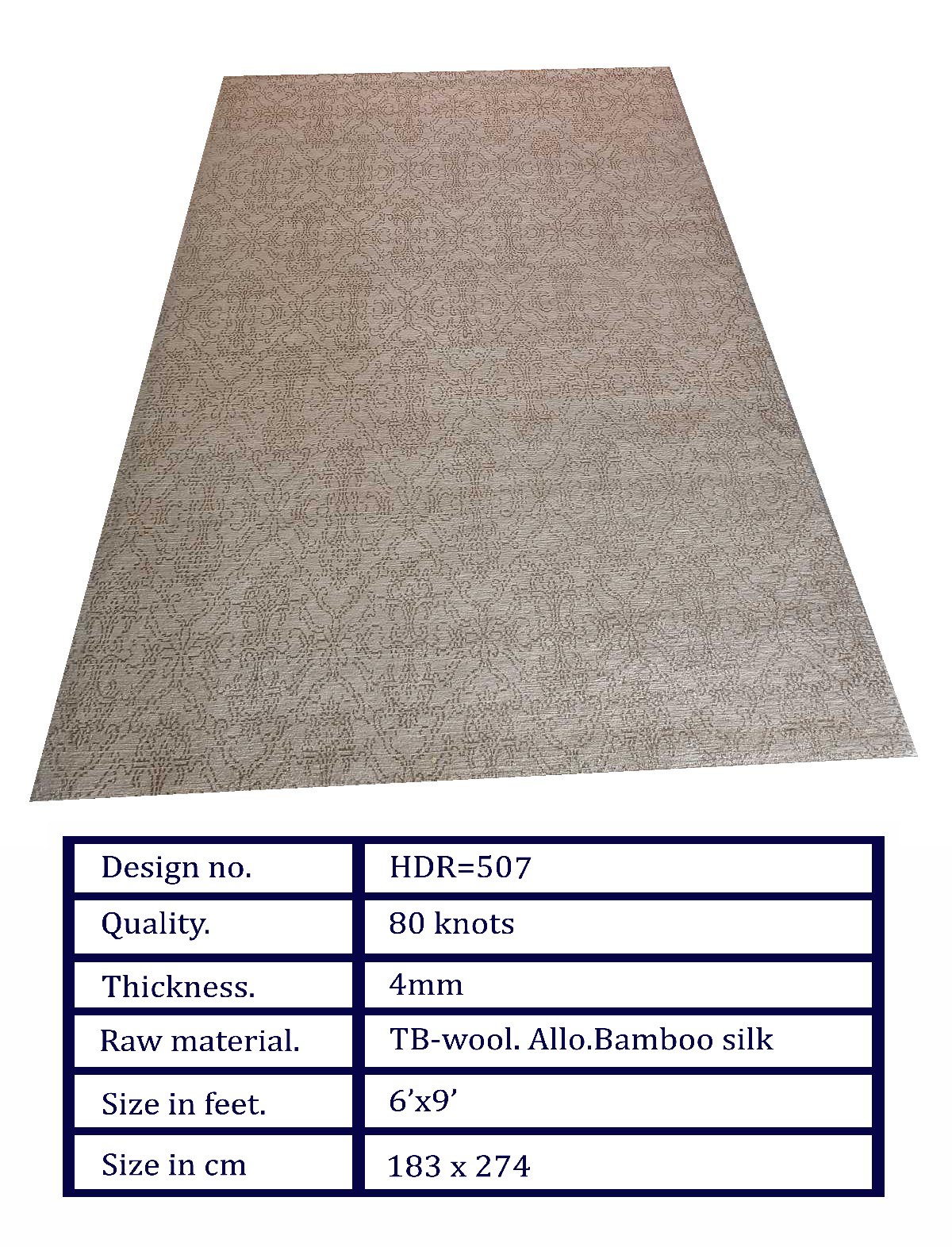 HDR-507 HDR-507 Handcrafted Wool, Allo & Bamboo Silk Carpet – Elegant Tone-on-Tone Damask Design (6x9 ft) - Image 1