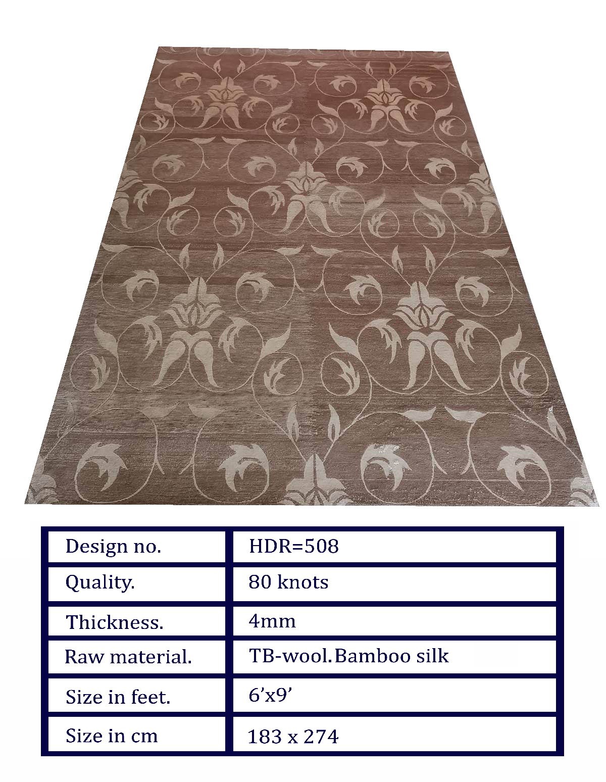 HDR-508 HDR-508 Handcrafted Wool & Bamboo Silk Carpet – Elegant Floral Vine Pattern in Warm Taupe (6x9 ft) - Image 1