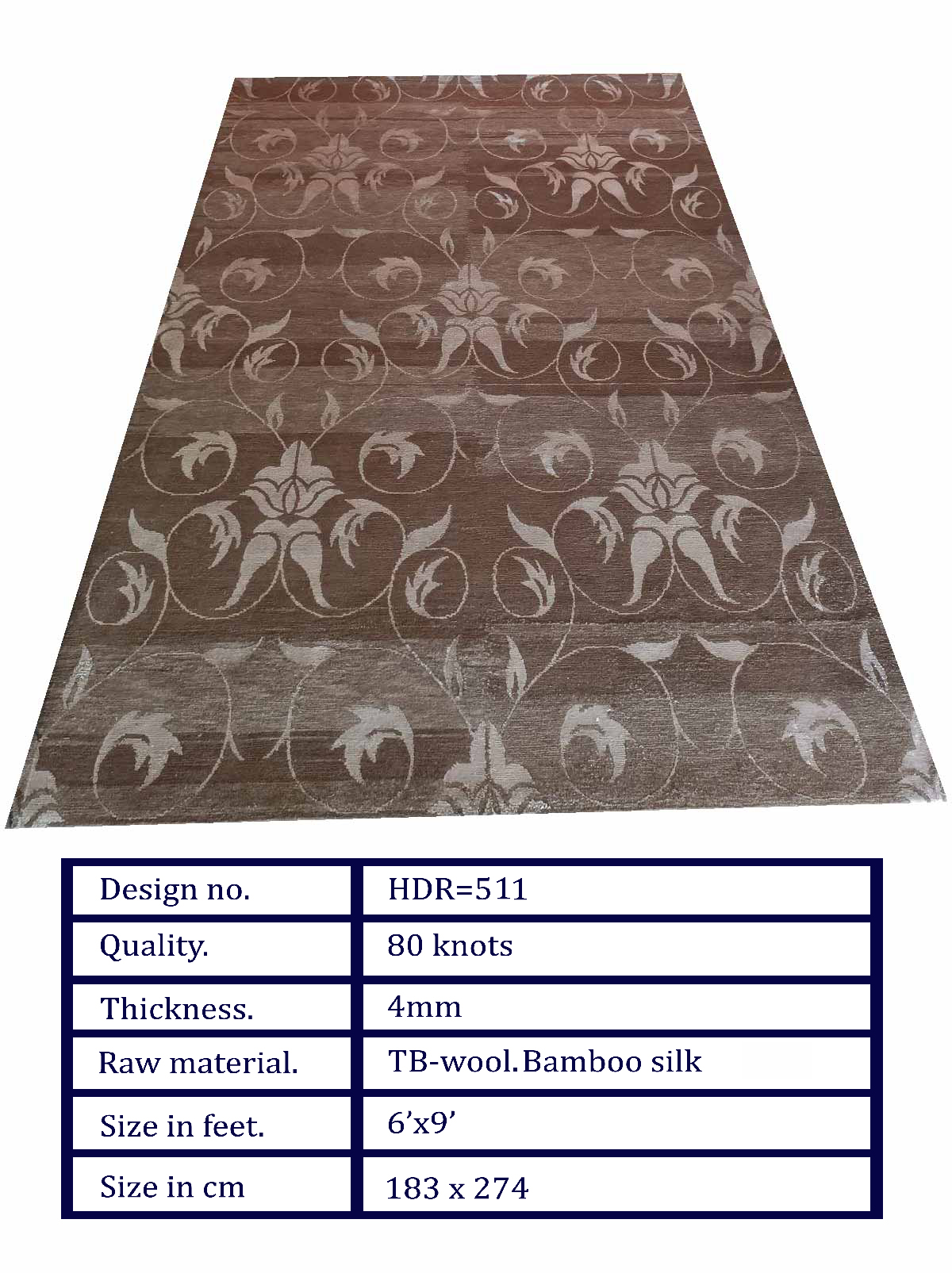 HDR-511 HDR-511 Handcrafted Wool & Bamboo Silk Carpet – Ornamental Floral Scroll Design in Warm Taupe (6x9 ft) - Image 1