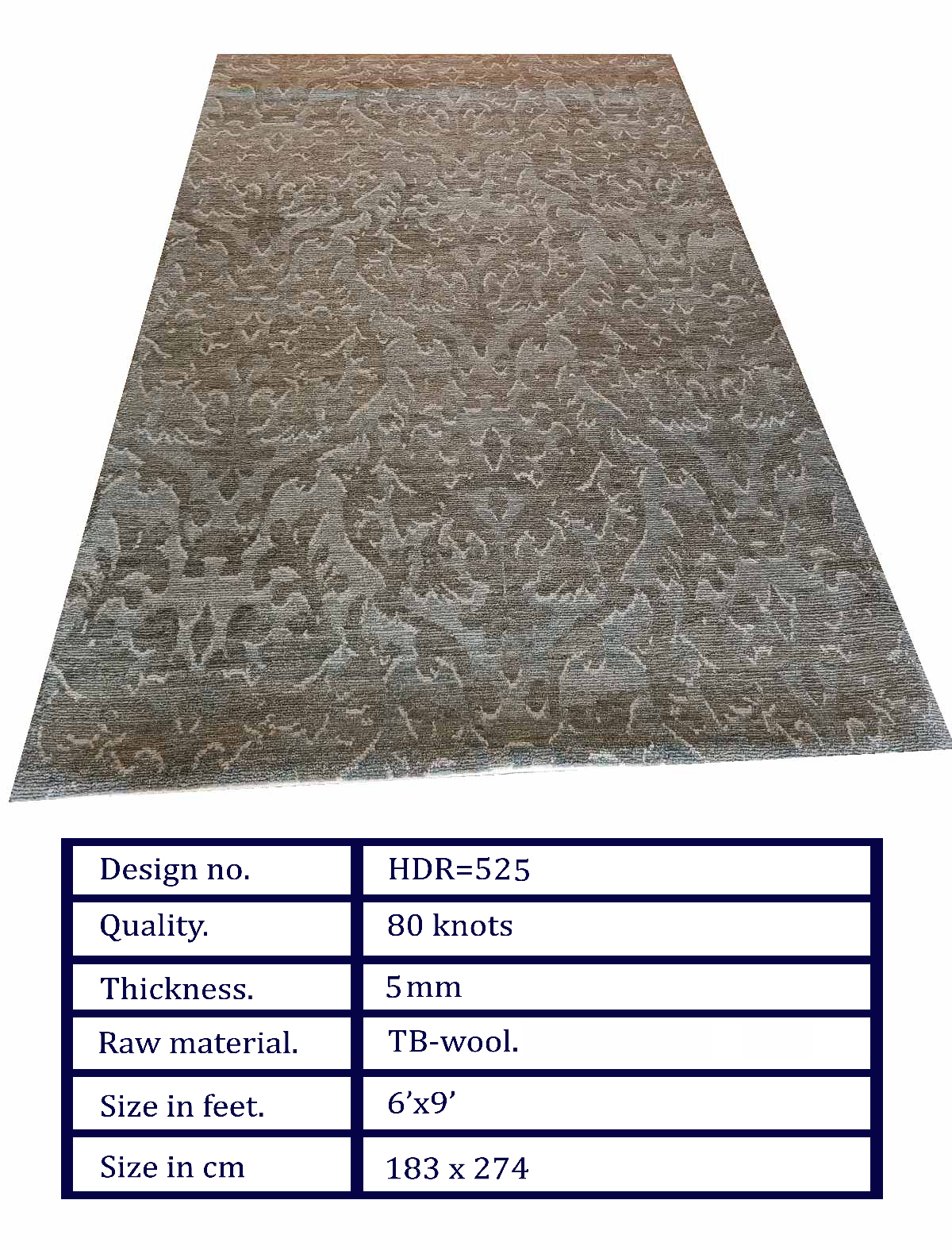 HDR-525 HDR-525 Handcrafted Wool Carpet – Vintage Damask Pattern Area Rug (6x9 ft) - Image 1