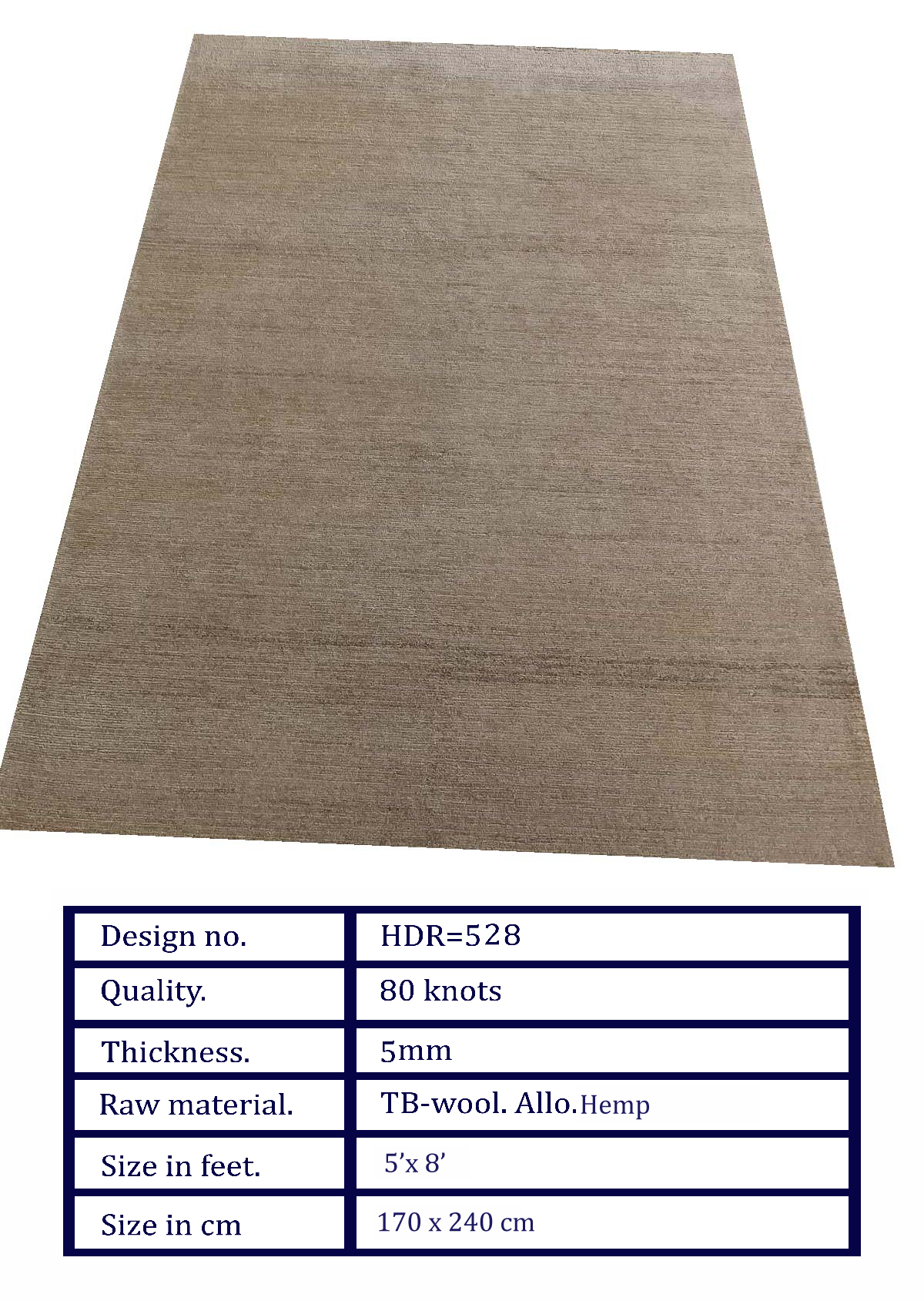 HDR-528 HDR-528 Handcrafted Wool, Allo & Hemp Carpet – Organic Minimalist Area Rug (5x8 ft) - Image 1